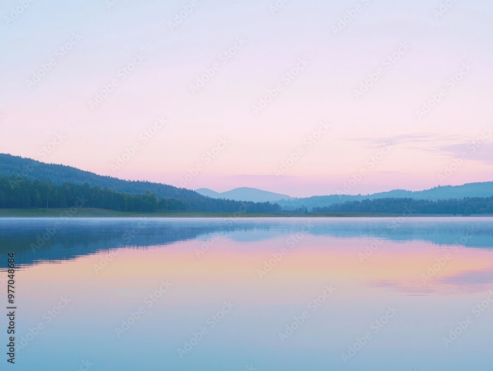 Serene Lake Landscape at Dusk with Tranquil Reflection of Mountains Serene Lake Landscape at Dusk with Tranquil Reflection of Mountains