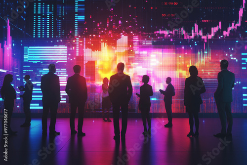 Business team analyzing colorful stock market data and financial charts projected on wall. People silhouettes standing in front of large digital displays with neon lighting background