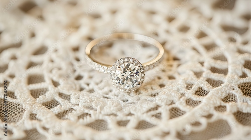Obraz premium A stunning diamond engagement ring placed on a vintage lace doily, capturing both the timelessness and modern elegance of the design.