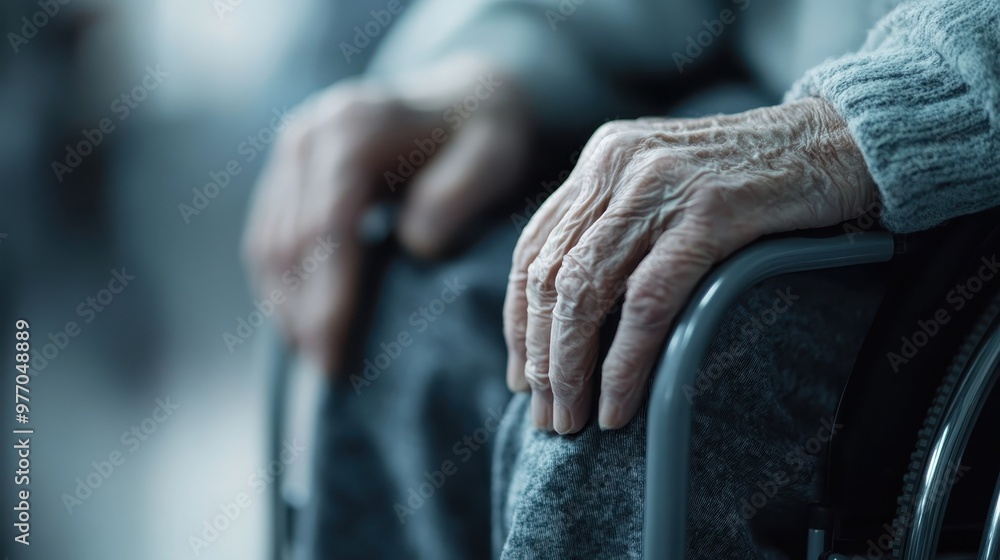 A close-up image showing the frail hands of an elderly person resting on a wheelchair, symbolizing the vulnerability and wisdom of old age, warmth and care. A close-up image showing the frail hands of an elderly person resting on a wheelchair, symbolizing the vulnerability and wisdom of old age, warmth and care.