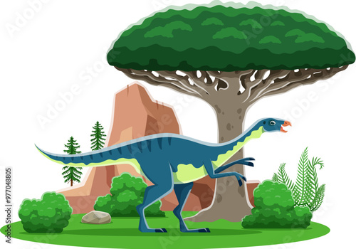 Cartoon prehistoric dinosaur character, Dryosaurus in Jurassic park or jungle forest, vector toy. Prehistoric dinosaur character of Dryosaurus dino for game play or prehistory lizards and reptiles