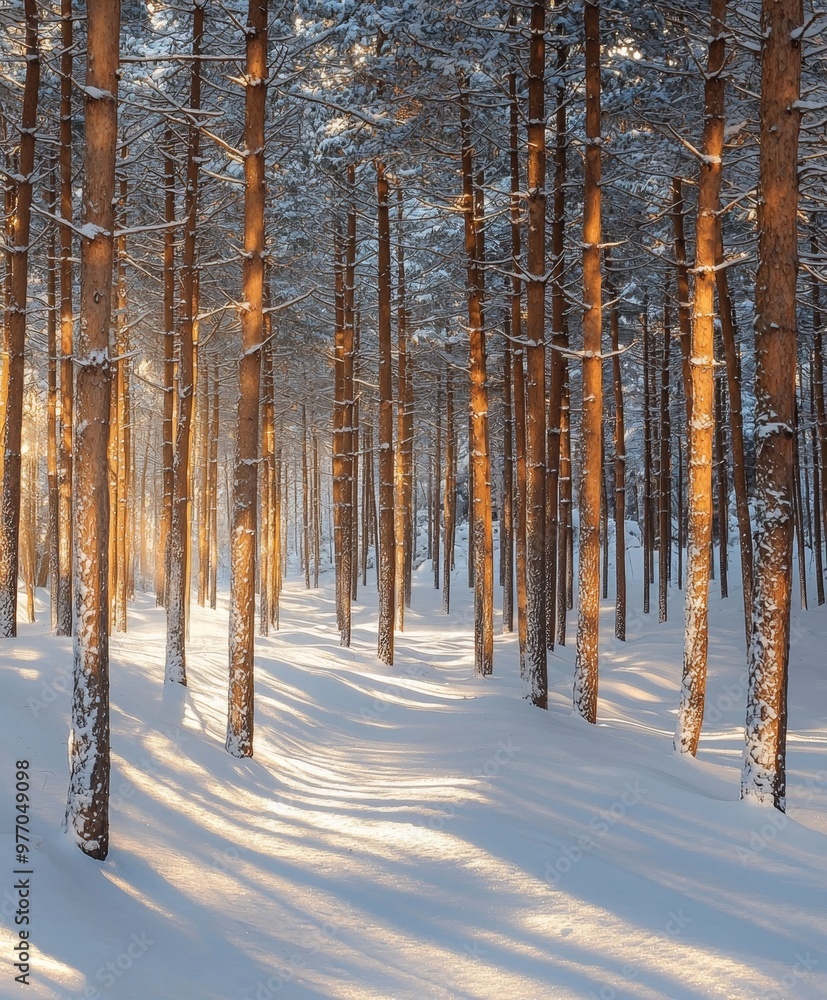Serene Snow Covered Forest Landscape with Sunlit Pathway and Glittering Crystal Textures Serene Snow Covered Forest Landscape with Sunlit Pathway and Glittering Crystal Textures