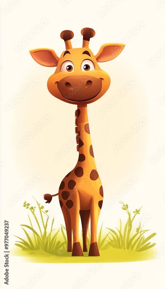 A cheerful cartoon giraffe standing on green grass, perfect for children's illustrations and lively designs. A cheerful cartoon giraffe standing on green grass, perfect for children's illustrations and lively designs.