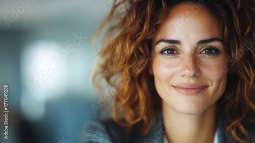 A professional woman with charming curly hair smiles confidently while standing in an office environment, symbolizing the blend of career and personal style.