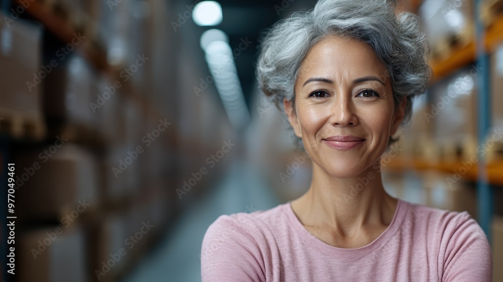 An experienced woman with grey hair showcases her pride and assurance in a vast warehouse setting, highlighting wisdom and skill in handling warehouse operations. An experienced woman with grey hair showcases her pride and assurance in a vast warehouse setting, highlighting wisdom and skill in handling warehouse operations.