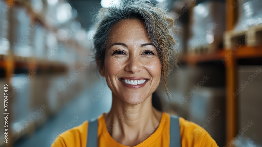 A joyful woman wearing an orange vest beaming with positivity works energetically in a busy warehouse, showcasing enthusiasm and efficiency in industrial environments. A joyful woman wearing an orange vest beaming with positivity works energetically in a busy warehouse, showcasing enthusiasm and efficiency in industrial environments.