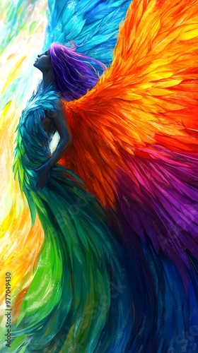 Freedom with Wings: Woman as a Phoenix in Bright Colors, High Quality, High Resolution