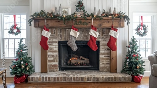 A traditional fireplace with a wooden mantel, surrounded by holiday decorations and stockings, creating a festive and cozy scene.