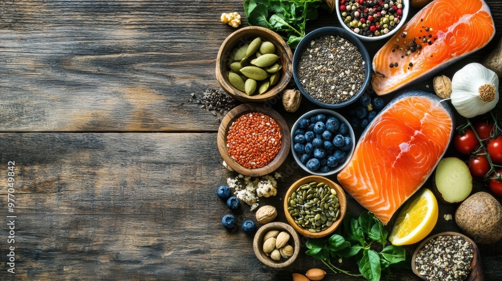 A table with various foods and vegetables on it, AI A table with various foods and vegetables on it, AI