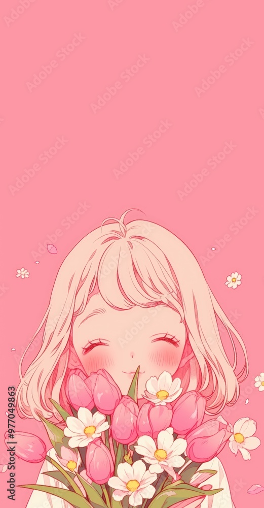 pink daisy and tulip bouquet cute girl ribbon bow anime clipart card pink daisy and tulip bouquet cute girl ribbon bow anime clipart card