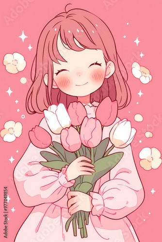 pink daisy and tulip bouquet cute girl ribbon bow anime clipart card