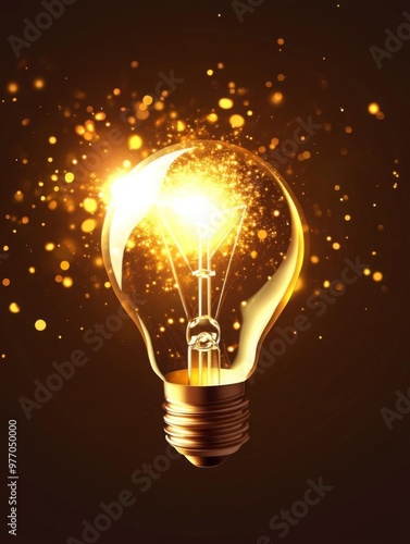 A glowing light bulb surrounded by sparkling particles, symbolizing innovation, creativity, and bright ideas.