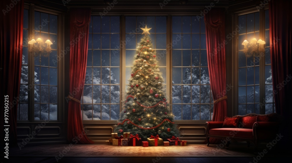 Fototapeta premium A Christmas tree decorated with balls in a room in an apartment with large windows