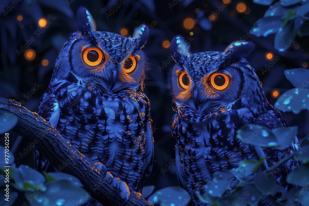 owls with backlight vivid feathers, perched among blue and orange flowers, combination of their bright eyes and the colorful floral background creates a magical and visually striking scene. owls with backlight vivid feathers, perched among blue and orange flowers, combination of their bright eyes and the colorful floral background creates a magical and visually striking scene.
