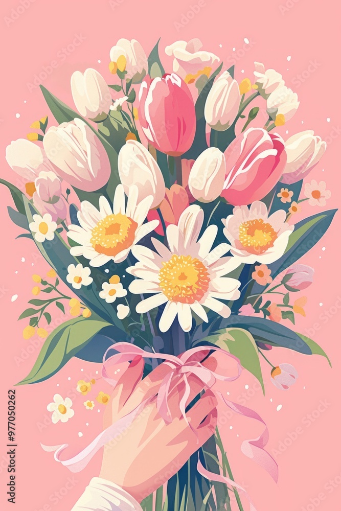 girl hands holding pink daisy and tulip bouquet cute ribbon bow anime clipart card girl hands holding pink daisy and tulip bouquet cute ribbon bow anime clipart card