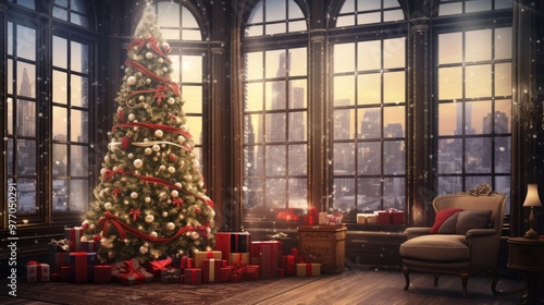 A tall Christmas tree in a room with large windows with gifts under it