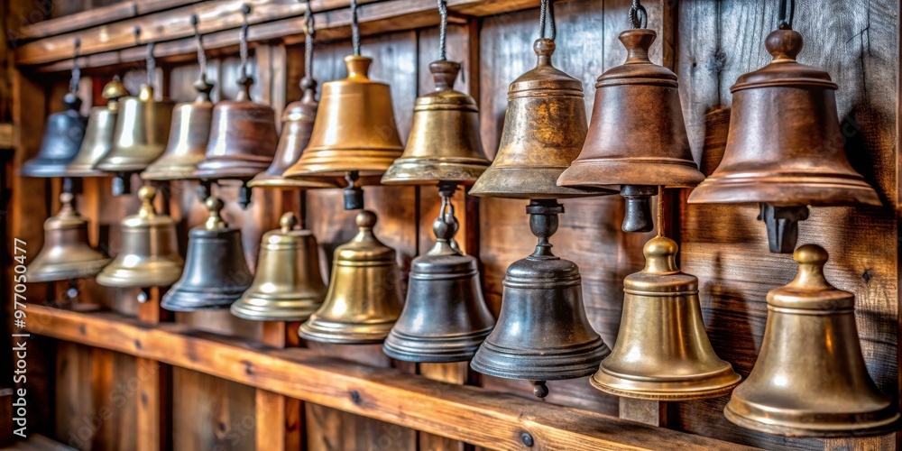 A Row of Antique Brass and Wooden Bells on a Wooden Shelf, Bells, Sound, Antique, Musical Instrument A Row of Antique Brass and Wooden Bells on a Wooden Shelf, Bells, Sound, Antique, Musical Instrument