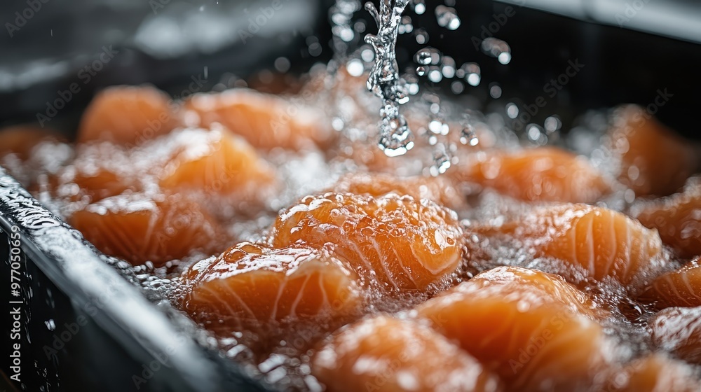 Raw salmon pieces are being prepared in water, showcasing their freshness and ready state for culinary use, with meticulous attention to cleanliness and quality. Raw salmon pieces are being prepared in water, showcasing their freshness and ready state for culinary use, with meticulous attention to cleanliness and quality.