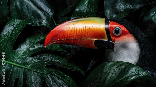 A majestic toucan with a striking red and orange beak is prominently featured amid lush green foliage, exemplifying the vivid charm of tropical wildlife. photo