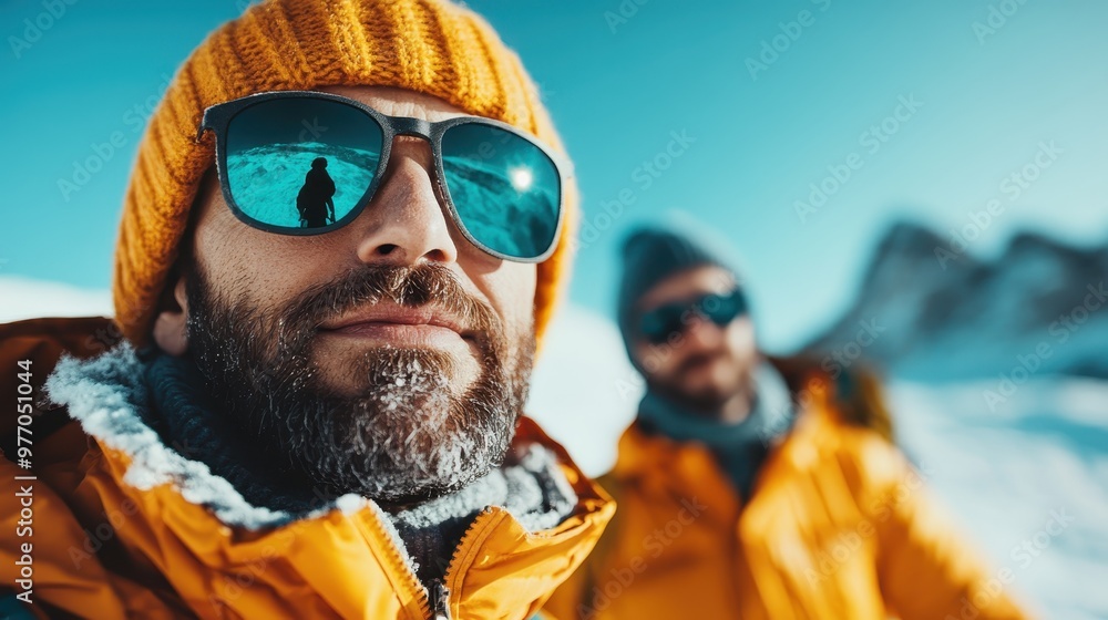 Two men in yellow winter jackets and sunglasses enjoy a scenic view in snowy mountains, capturing the thrill of exploration and adventure amidst rugged landscapes. Two men in yellow winter jackets and sunglasses enjoy a scenic view in snowy mountains, capturing the thrill of exploration and adventure amidst rugged landscapes.