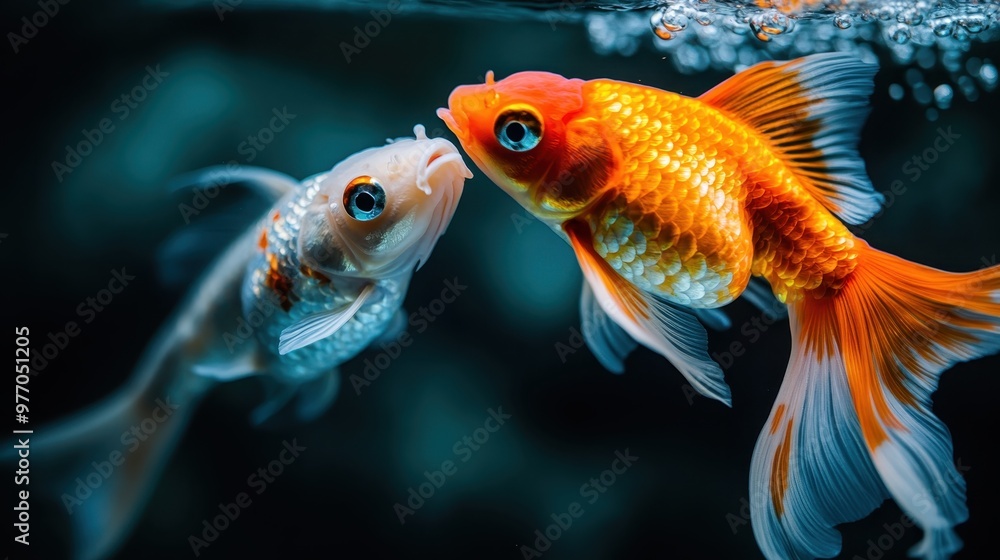 Two colorful goldfish appear to be kissing in an aquatic environment, capturing a playful and affectionate interaction, highlighted by vivid colors and fluid movements. Two colorful goldfish appear to be kissing in an aquatic environment, capturing a playful and affectionate interaction, highlighted by vivid colors and fluid movements.