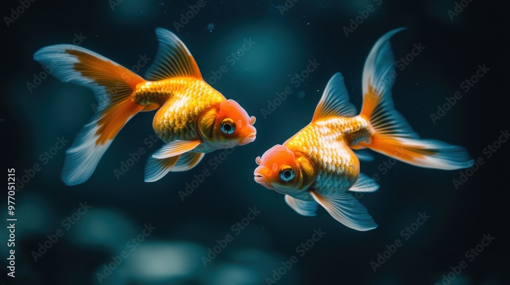 Two lively goldfish are captured swimming together in harmony, showcasing their vibrant colors and delicate fins in a serene underwater setting, evoking peace and tranquility. Two lively goldfish are captured swimming together in harmony, showcasing their vibrant colors and delicate fins in a serene underwater setting, evoking peace and tranquility.