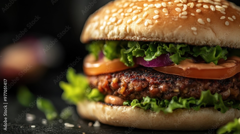 This gourmet plant-based burger features a sumptuous patty, juicy tomato slices, crunchy greens, and a special sauce, all within a sesame-seed bun, ready to satisfy vegan and health-conscious eaters. This gourmet plant-based burger features a sumptuous patty, juicy tomato slices, crunchy greens, and a special sauce, all within a sesame-seed bun, ready to satisfy vegan and health-conscious eaters.