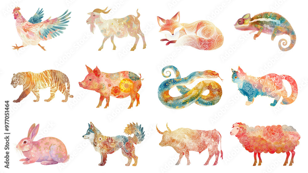 Obraz premium PNG Chinese folk animal art element set, transparent background