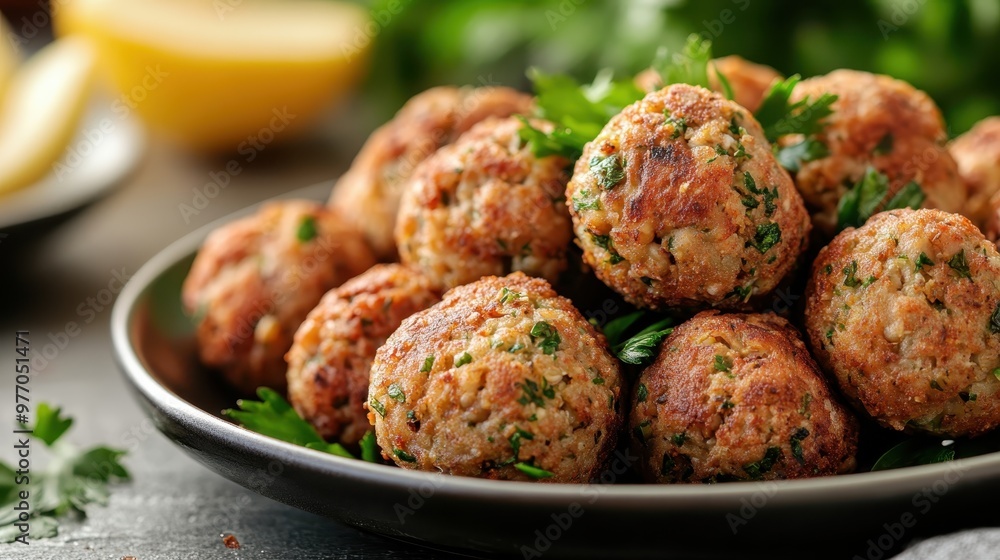 A platter of golden, crispy falafel sits amidst a bed of fresh greens, showcasing a nutritious and flavorful vegetarian option for a hearty and satisfying meal. A platter of golden, crispy falafel sits amidst a bed of fresh greens, showcasing a nutritious and flavorful vegetarian option for a hearty and satisfying meal.