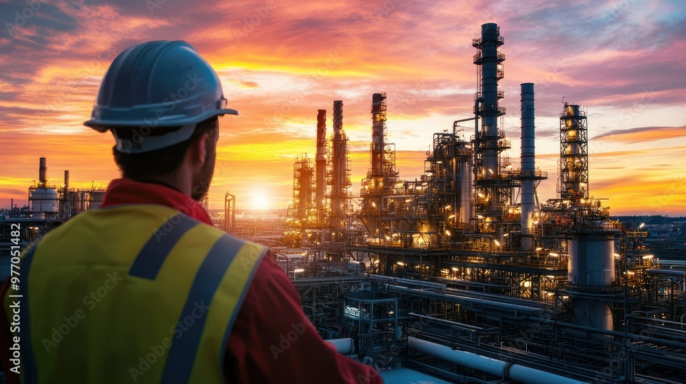An engineer at an oil refinery, wearing safety gear and inspecting pipelines, with industrial infrastructure in the background. An engineer at an oil refinery, wearing safety gear and inspecting pipelines, with industrial infrastructure in the background.