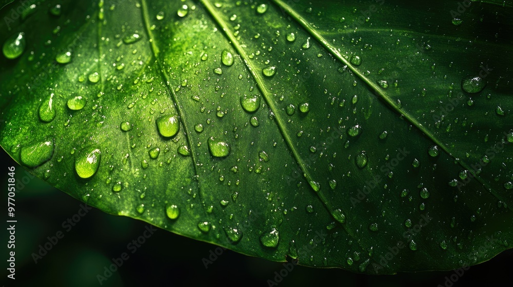 Dew-like raindrops on the surface of a large tropical leaf, with water beading up naturally, creating a lush and refreshing image. Dew-like raindrops on the surface of a large tropical leaf, with water beading up naturally, creating a lush and refreshing image.