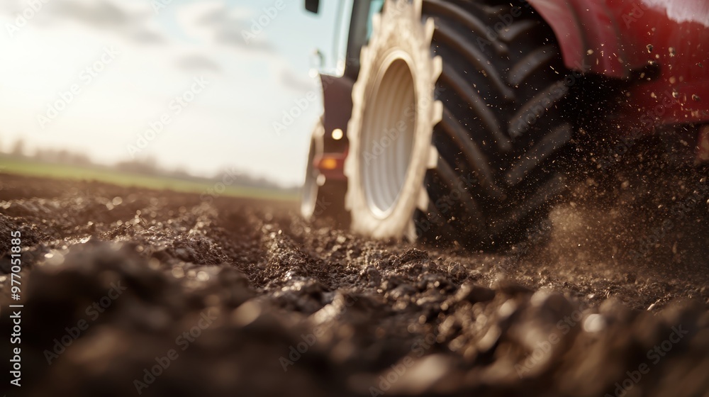 A large, rugged tractor is captured in the act of plowing soil, with dirt kicking up in the warm morning light, displaying power and the hard work of farming life. A large, rugged tractor is captured in the act of plowing soil, with dirt kicking up in the warm morning light, displaying power and the hard work of farming life.