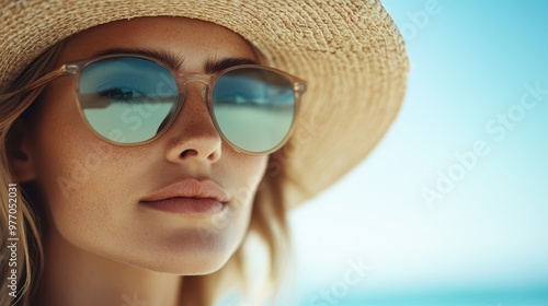 A confident woman in a straw hat and sunglasses near the beach exudes a calm, glamorous presence, perfectly framed by the sea's tranquility and brightness.