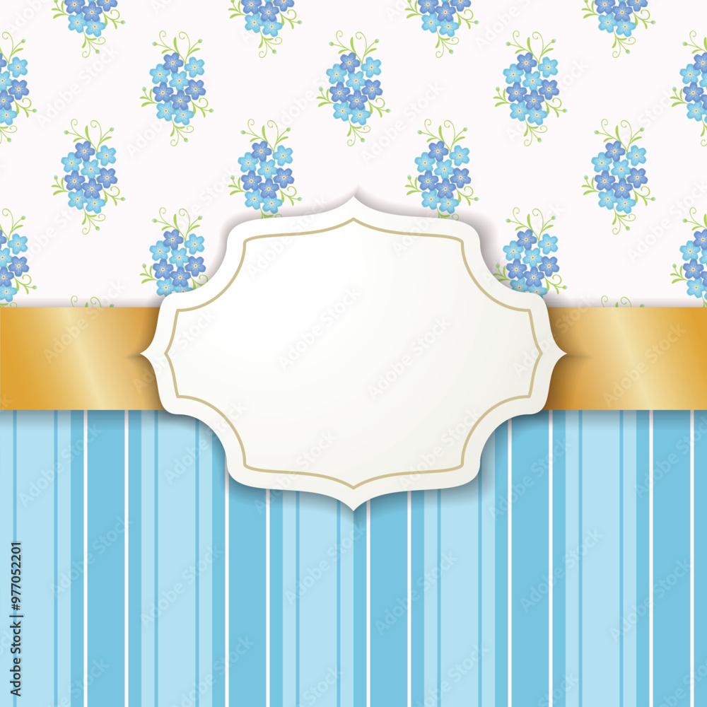 A decorative design featuring blue flowers, a white label, and striped patterns, suitable for invitations or backgrounds. A decorative design featuring blue flowers, a white label, and striped patterns, suitable for invitations or backgrounds.