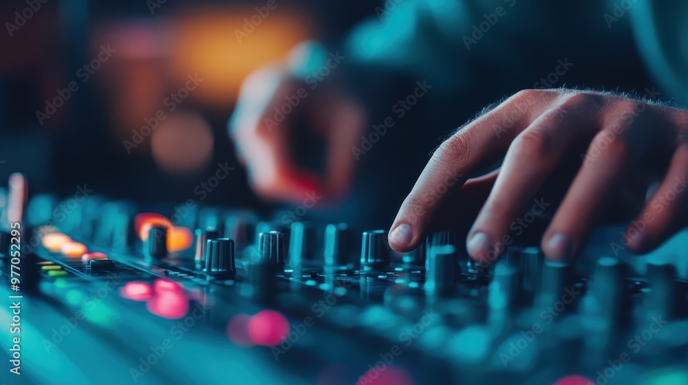 Hands of a DJ adjusting a sound mixing board, surrounded by colorful lights, capturing the dynamic and engaging atmosphere of a live music concert or event. Hands of a DJ adjusting a sound mixing board, surrounded by colorful lights, capturing the dynamic and engaging atmosphere of a live music concert or event.
