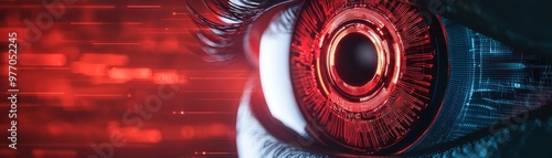 A futuristic close-up of an eye with digital elements, showcasing vibrant red tones and advanced technology themes. photo