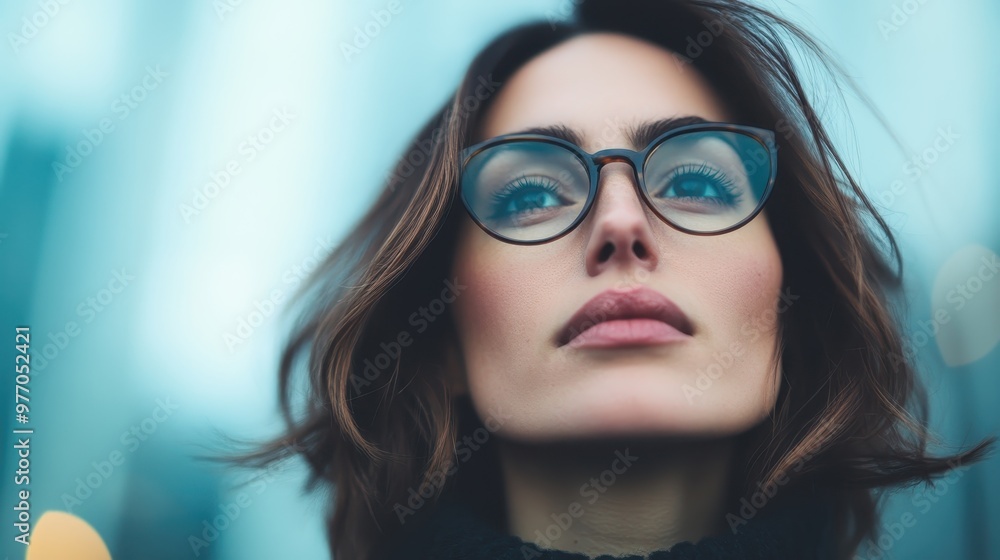 A modern woman with short hair and stylish glasses gazes upward with determination and poise against a blurred urban background, reflecting resilience and ambition. A modern woman with short hair and stylish glasses gazes upward with determination and poise against a blurred urban background, reflecting resilience and ambition.
