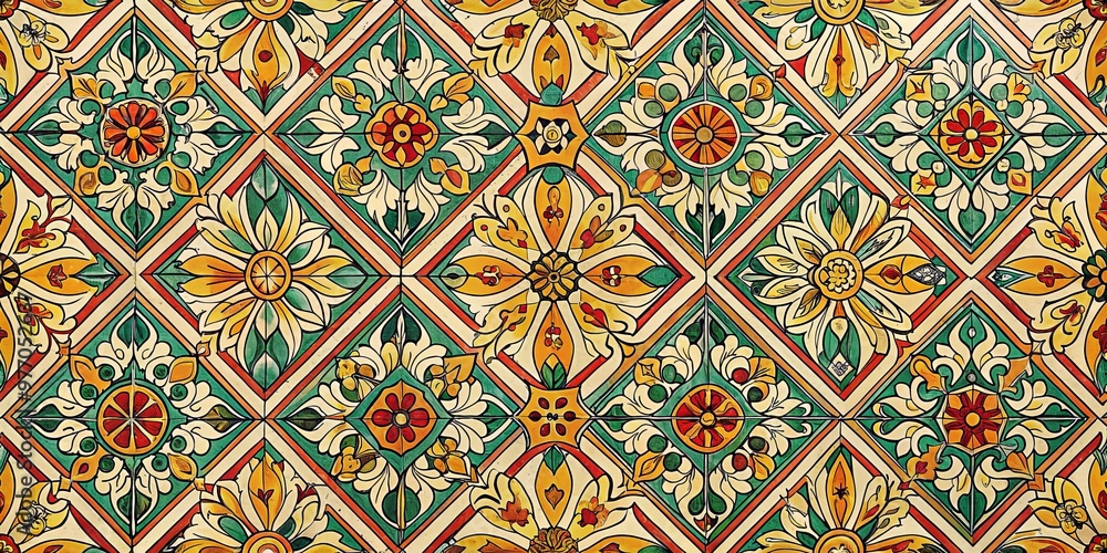 Geometric Floral Tile Pattern in Green, Red, and Yellow, tile pattern, floral pattern, italian art Geometric Floral Tile Pattern in Green, Red, and Yellow, tile pattern, floral pattern, italian art