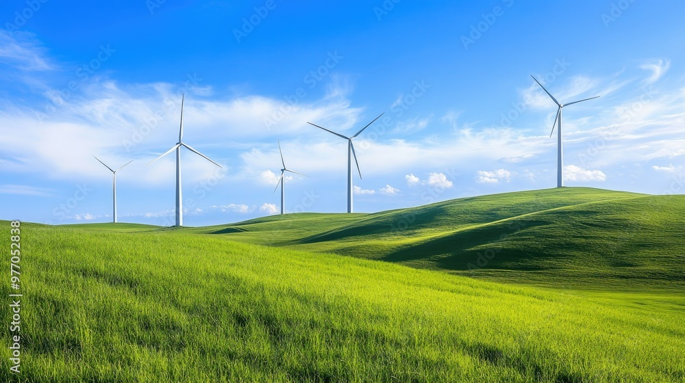 Wind turbines turning slowly in the distance on a green hill under a bright blue sky, symbolizing renewable energy. Wind turbines turning slowly in the distance on a green hill under a bright blue sky, symbolizing renewable energy.