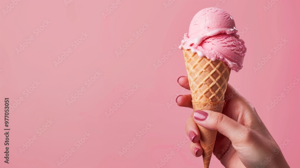 A hand holds a pink ice cream cone and a place for text A hand holds a pink ice cream cone and a place for text