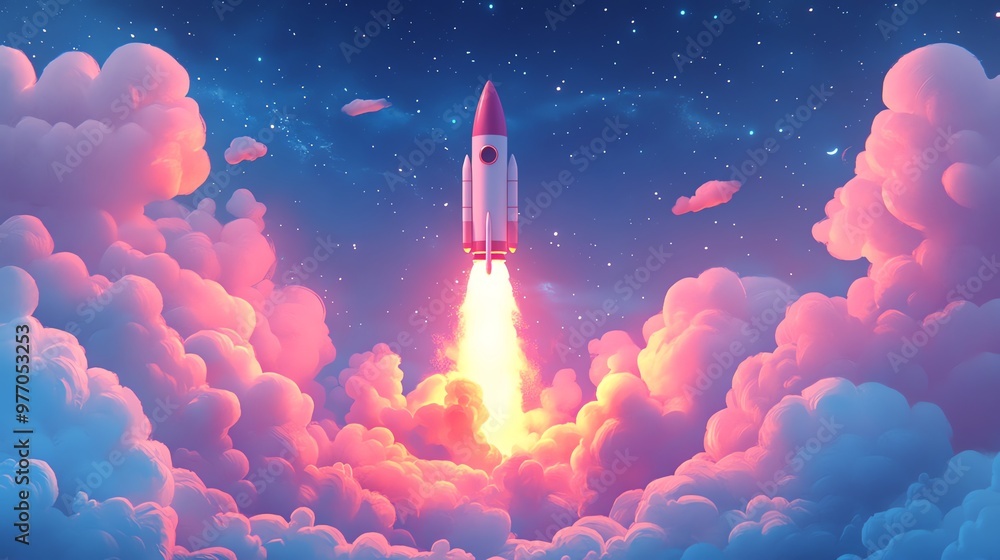 Obraz premium A white rocket with red accents blasts off through pink and blue clouds into a starry night sky.