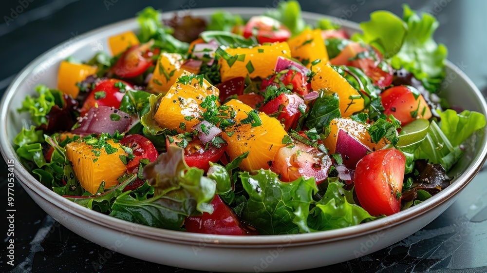 A vibrant summer salad featuring fresh greens and colorful vegetables, perfect for a sunny meal. Generative AI A vibrant summer salad featuring fresh greens and colorful vegetables, perfect for a sunny meal. Generative AI