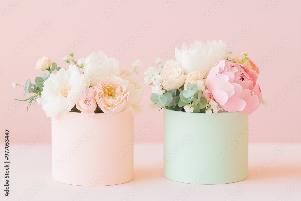 two elegant bouquets, each arranged in pastel colored round boxes one in soft pink and the other in light mint green featuring delicate peonies and roses two elegant bouquets, each arranged in pastel colored round boxes one in soft pink and the other in light mint green featuring delicate peonies and roses