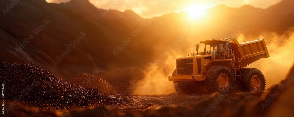 A powerful dump truck operating in a rugged landscape at sunset, showcasing dust and earth movement in a construction setting.