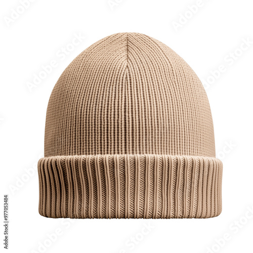Brown knitted beanie hat on a white background. Winter apparel accessory