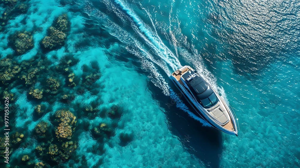 Fototapeta premium Aerial View of a Luxury Yacht Cruising Through Turquoise Waters