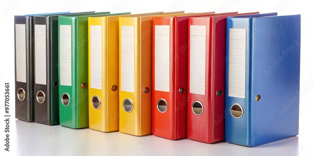 Row of Colorful Office Binders, 8 Binders, Different Colors, Organized, White Background, Binder, Office Supplies Row of Colorful Office Binders, 8 Binders, Different Colors, Organized, White Background, Binder, Office Supplies