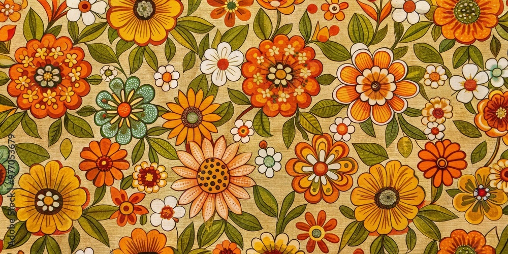 Retro Floral Pattern with Orange, Yellow, and Green Flowers, 70s Style, Vintage Textiles, Flower Power, Retro Decor Retro Floral Pattern with Orange, Yellow, and Green Flowers, 70s Style, Vintage Textiles, Flower Power, Retro Decor
