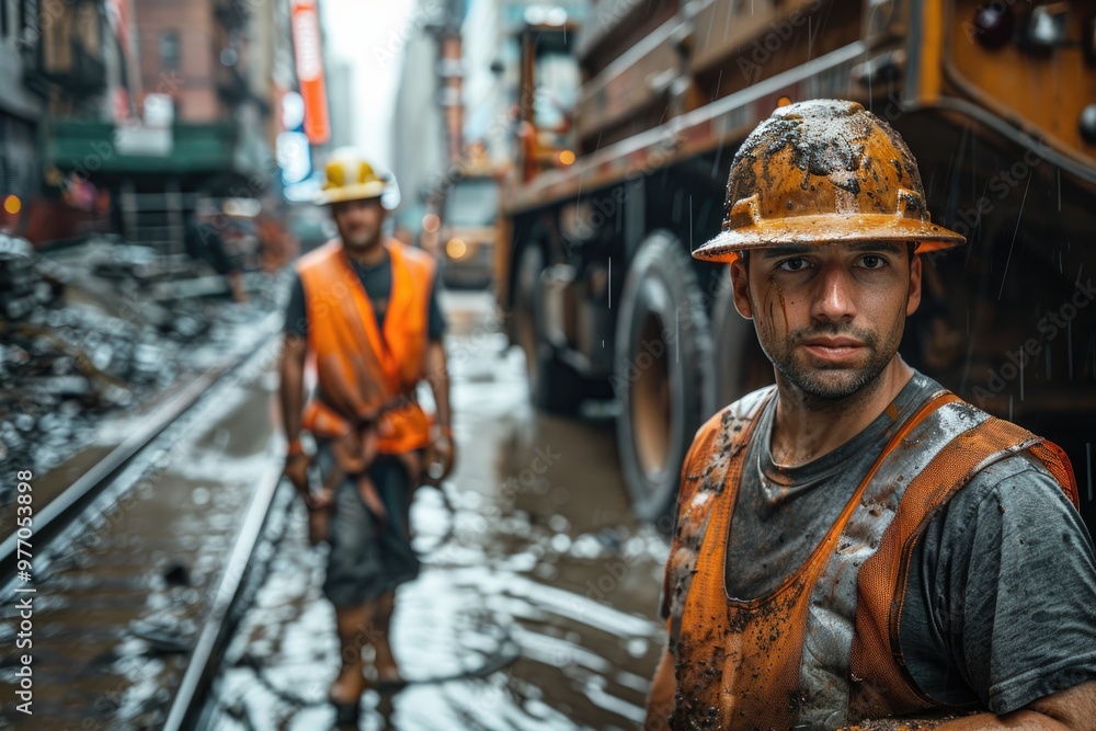 Urban Construction Workers in Muddy Environment During Rainy Day Urban Construction Workers in Muddy Environment During Rainy Day