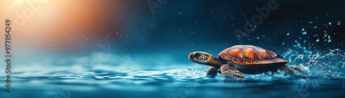 A serene water scene featuring a turtle swimming gracefully through the waves under a beautiful sunset.